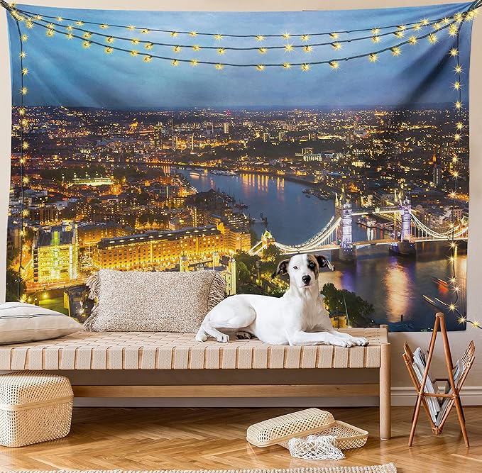 Ambesonne Modern Tapestry Twin Size, Sunset at London England Cityscape Night Time and Tower Bridge Landmark Urban, Wall Hanging Bedspread Bed Cover Wall Decor, Twin Size, Yellow Bluegrey