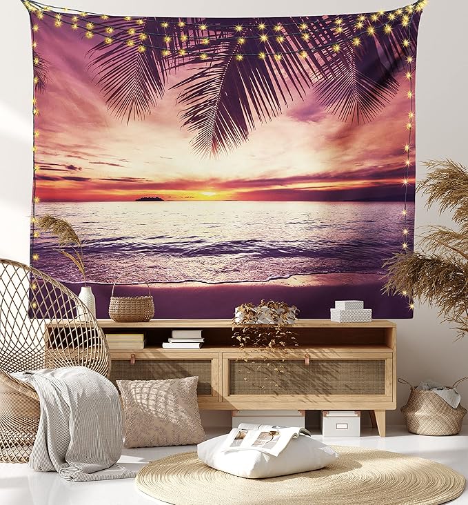 Ambesonne Palm Tree Tapestry, Tropical Beach Under Shadows at Sunset Ocean Waves Serenity of Paradise in Nature, Fabric Wall Hanging Decor for Bedroom Living Room Dorm, 45" X 30", Yellow Purple