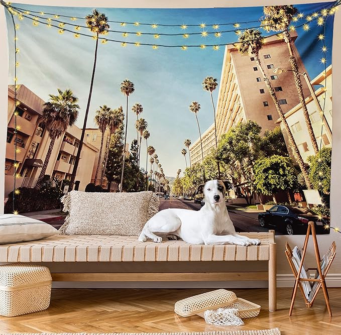 Ambesonne Urban Tapestry Twin Size, Street in Beverly Hills CaliforniPalm Trees Houses Famous City Photo, Wall Hanging Bedspread Bed Cover Wall Decor, 68" X 88", Pale Blue Peach Green