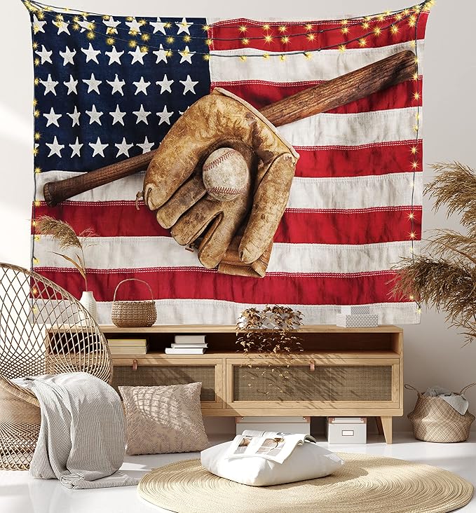 Ambesonne Baseball Tapestry, Vintage Baseball League Equipment Usa Grunge Glove Bat Fielding Sports Theme, Fabric Wall Hanging Decor for Bedroom Living Room Dorm, 45" X 30", Red Brown