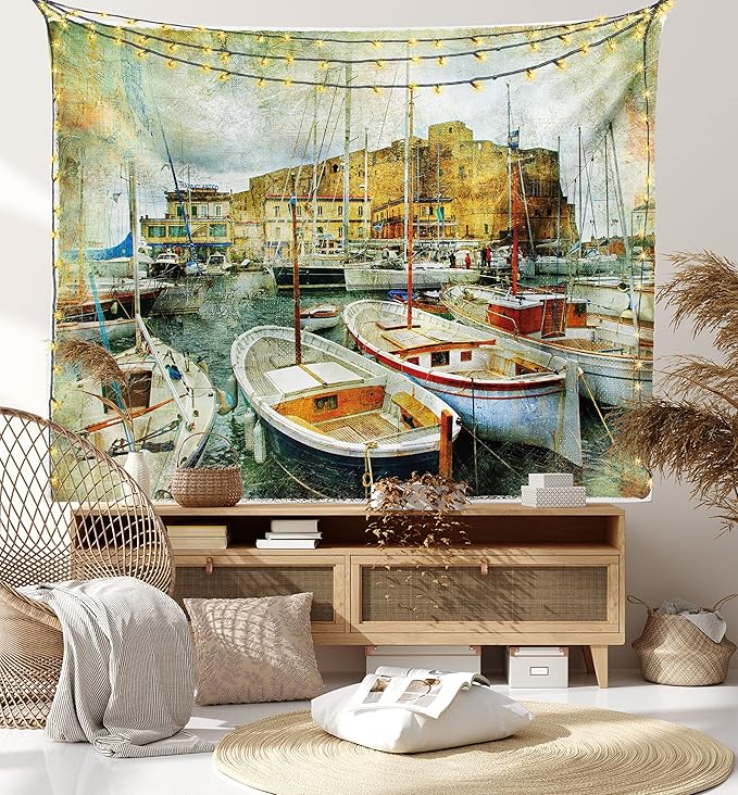 Ambesonne Marine Tapestry, Naples Small Boats at Historical Italian Coast Heritage Castle Nautical Art, Wide Wall Hanging for Bedroom Living Room Dorm, 60" X 40", Earth Yellow