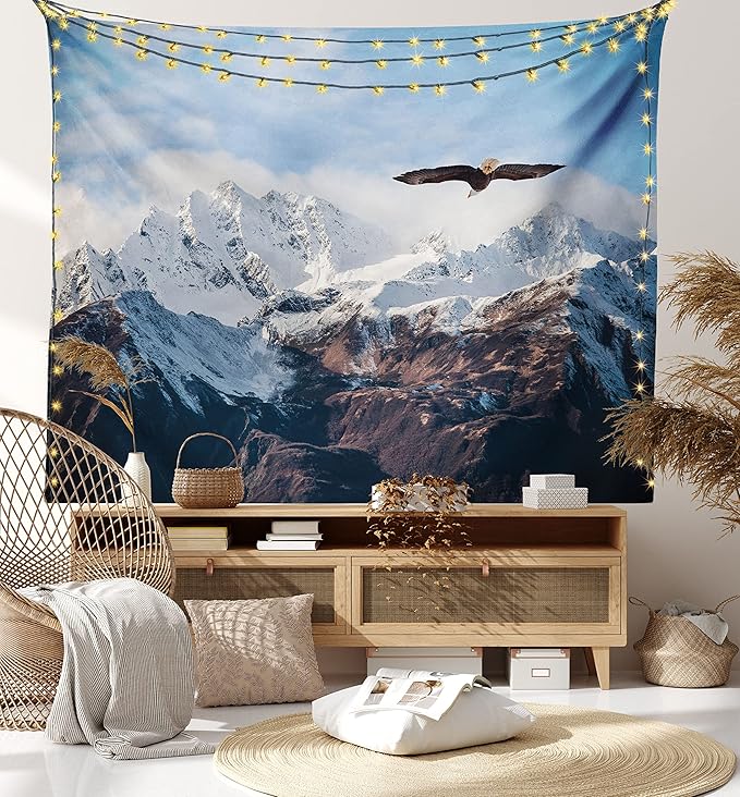 Ambesonne Mountain Tapestry King Size, Frozen Peaks Tops of the Mountain with a Flying Eagle Free in Nature Photo, Wall Hanging Bedspread Bed Cover Wall Decor, 104" X 88", Brown White Blue