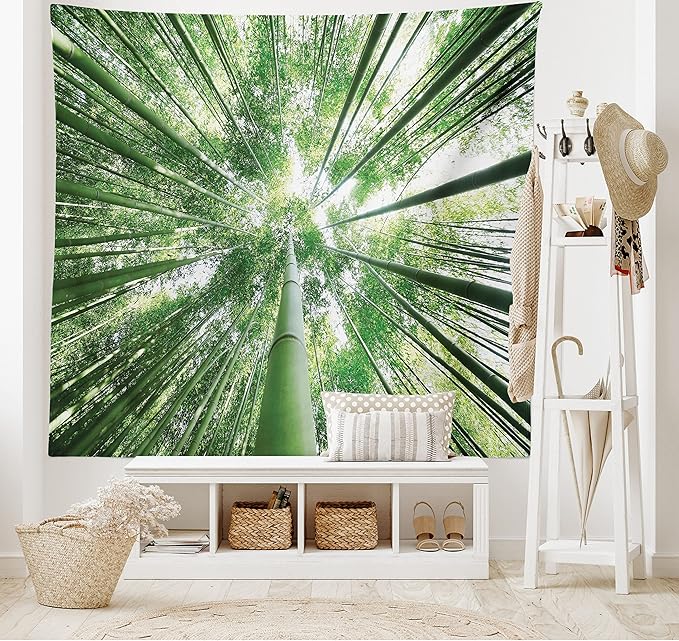 Ambesonne Forest Tapestry King Size, Tropical Rain Forest Tall Trees in Exotic Style Nature Theme Image Sky from Woodland, Wall Hanging Bedspread Bed Cover Wall Decor, 68" X 88", Green