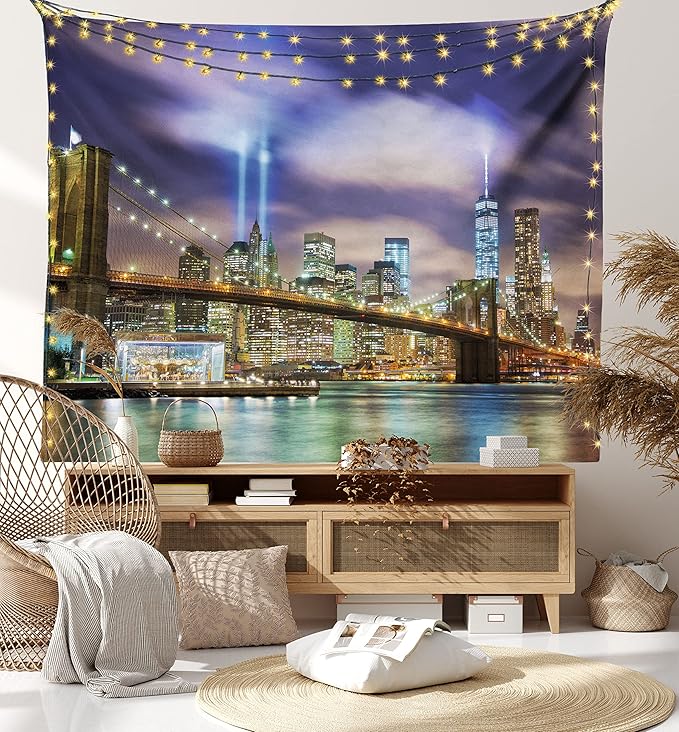 Ambesonne Landscape Tapestry, Manhattan Skyline with Brooklyn Bridge and Towers in NYC United States America, Fabric Wall Hanging Decor for Bedroom Living Room Dorm, 45" X 30", Purple Green