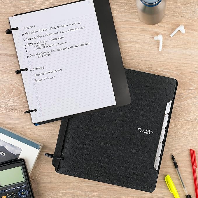 Five Star Flex Refillable Notebook + Study App, College Ruled Paper and 1-1/2 Inch TechLock Ring Binder with Pockets, Tabs and Dividers, 300 Sheet Capacity, Black (29324AA2)