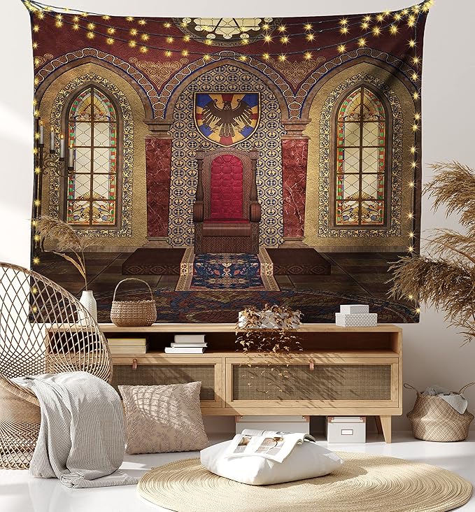 Ambesonne Gothic Tapestry, Red Medieval in Chapel Eagle Portrait on Wall Fantasy Building Print, Fabric Wall Hanging Decor for Bedroom Living Room Dorm, 28" X 23", Brown Ruby