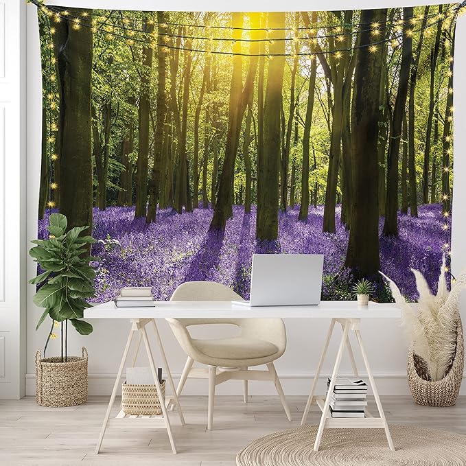 Ambesonne Woodland Tapestry, Sunbeams in the Forest of Bluebells Blooms Deep in Woodland Oxfordshire, Fabric Wall Hanging Decor for Bedroom Living Room Dorm, 28" X 23", Violet Green Yellow