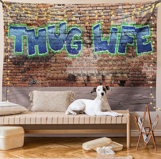 Ambesonne Thug Life Tapestry King Size, Graffiti Style Words on a Brick Wall Street Urban Art Hip Hop Rap Culture Theme, Wall Hanging Bedspread Bed Cover Wall Decor, 104" X 88", Brown Blue