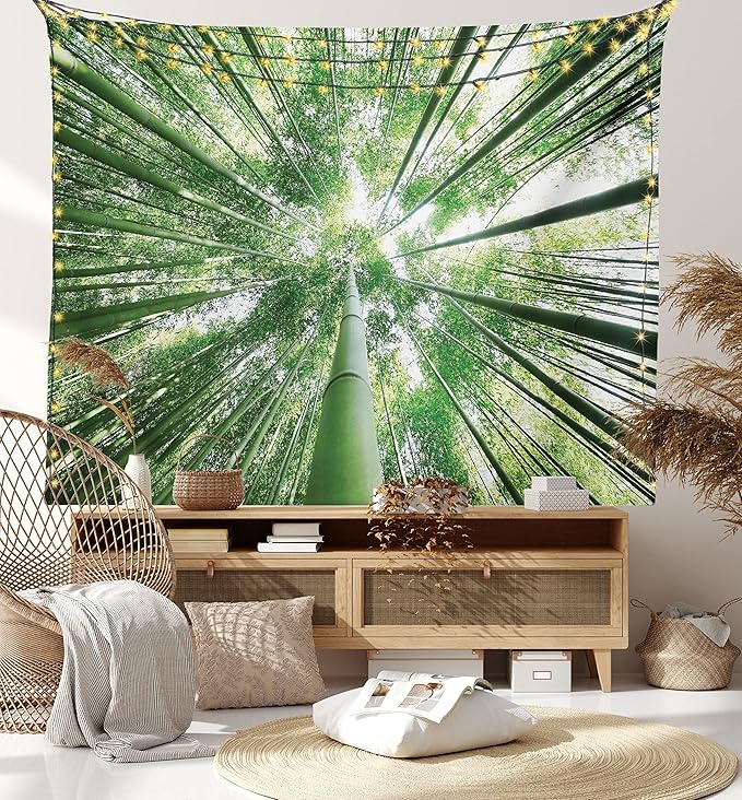 Ambesonne Forest Tapestry King Size, Tropical Rain Forest Tall Trees in Exotic Style Nature Theme Image Sky from Woodland, Wall Hanging Bedspread Bed Cover Wall Decor, 23" X 28", Green