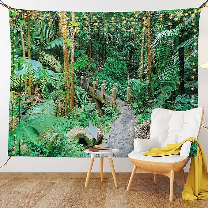Ambesonne Puerto Rico Tapestry King Size, Tropical Rain Forest in San Juan Exotic Jungle Nature Photography, Wall Hanging Bedspread Bed Cover Wall Decor, 104" X 88", Green Pale Brown Ginger