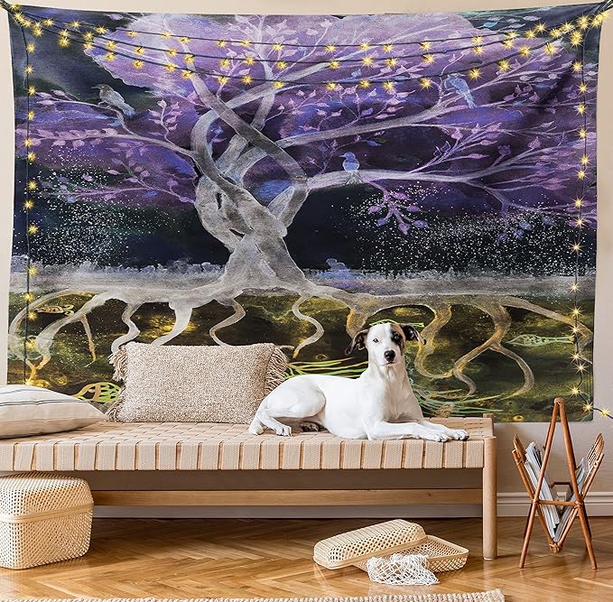 Ambesonne Tree of Life Tapestry King Size, Psychedelic Mysterious Nature at Night Birds and Fishes Home Art, Wall Hanging Bedspread Bed Cover Wall Decor, 104" X 88", Purple Black