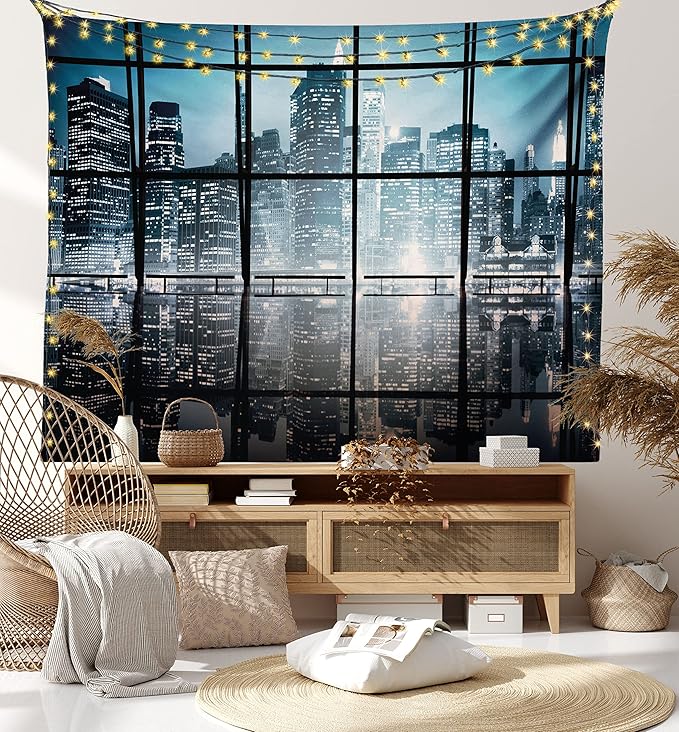 Ambesonne Modern Tapestry Queen Size, Modern New York City Scenery at Night with Skyscrapers Buildings Print, Wall Hanging Bedspread Bed Cover Wall Decor, 88" X 88", Black Blue