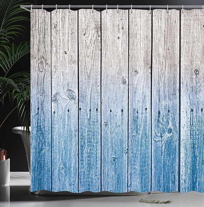 Ambesonne Rustic Shower Curtain, Wood Panels Background Digital Tones Effect Country House Art Image, Cloth Fabric Bathroom Decor Set with Hooks, 69" W x 70" L, Azure Blue