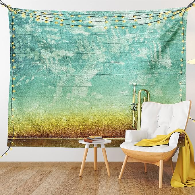 Ambesonne Music Tapestry Twin Size, Old Aged Worn Single Trumpet Stands Alone Against a Faded Wall Jazz Theme Photo, Wall Hanging Bedspread Bed Cover Wall Decor, 68" X 88", Teal Brown