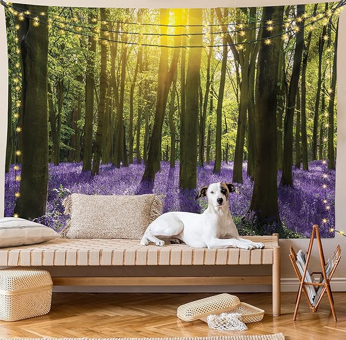 Ambesonne Woodland Tapestry Twin Size, Sunbeams in the Forest of Bluebells Blooms Deep in Woodland Oxfordshire, Wall Hanging Bedspread Bed Cover Wall Decor, 68" X 88", Violet Green Yellow