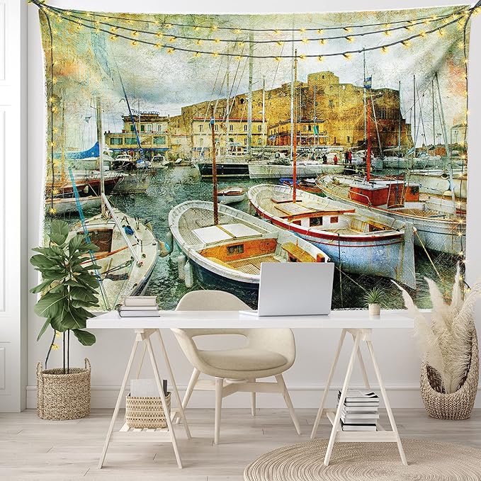 Ambesonne Marine Tapestry, Naples Small Boats at Historical Italian Coast Heritage Castle Nautical Art, Wide Wall Hanging for Bedroom Living Room Dorm, 60" X 40", Earth Yellow