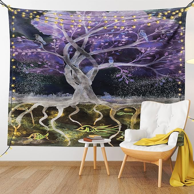 Ambesonne Tree of Life Tapestry, Psychedelic Mysterious Nature at Night Birds and Fishes Home Art, Fabric Wall Hanging Decor for Bedroom Living Room Dorm, 23" X 28", Purple Black