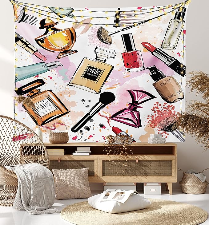 Ambesonne Fashion Tapestry, Cosmetic and Makeup Theme Pattern Perfume Lipstick Nail Polish Brush Modern, Fabric Wall Hanging Decor for Bedroom Living Room Dorm, 45" X 30", Coral White