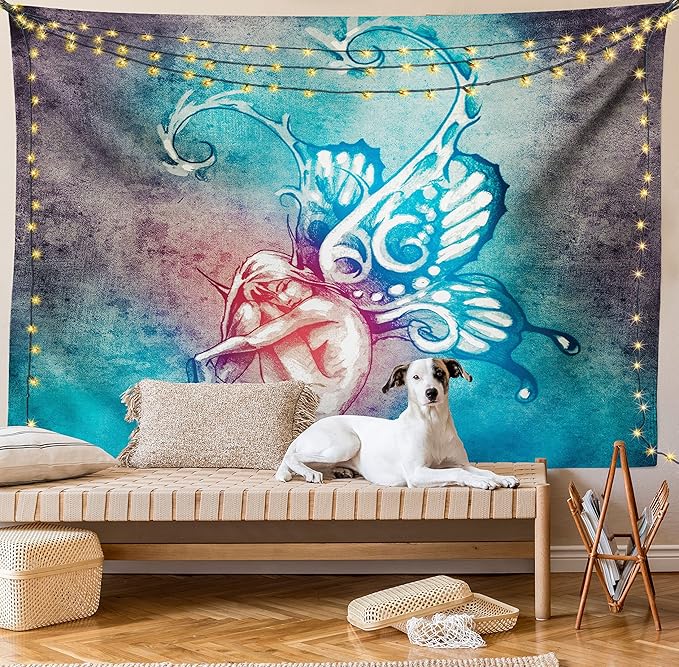 Ambesonne Butterfly Tapestry, with Butterfly Wings Renewal Female Rebirth Psyche Lightness of Being, Wall Hanging for Bedroom Living Room Dorm Decor, 60" X 80", Blue Purple